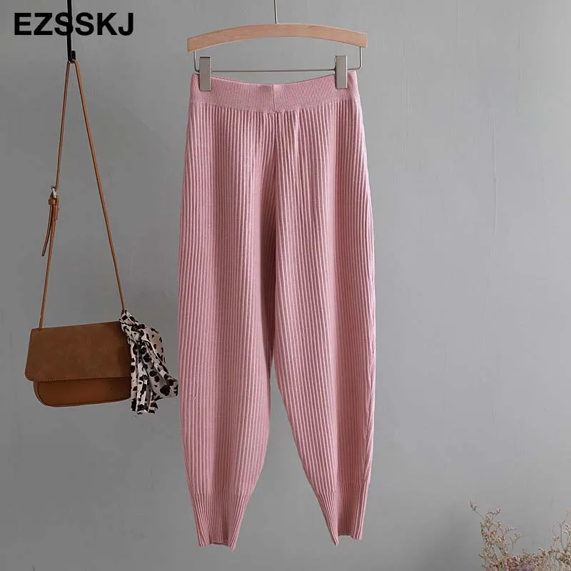 Розовый casual Elastic Waist Trousers Thick Knitted Women Harem Pants Autumn Winter Sport swear female sweater Radish pants Grandma - Цвет: Розовый