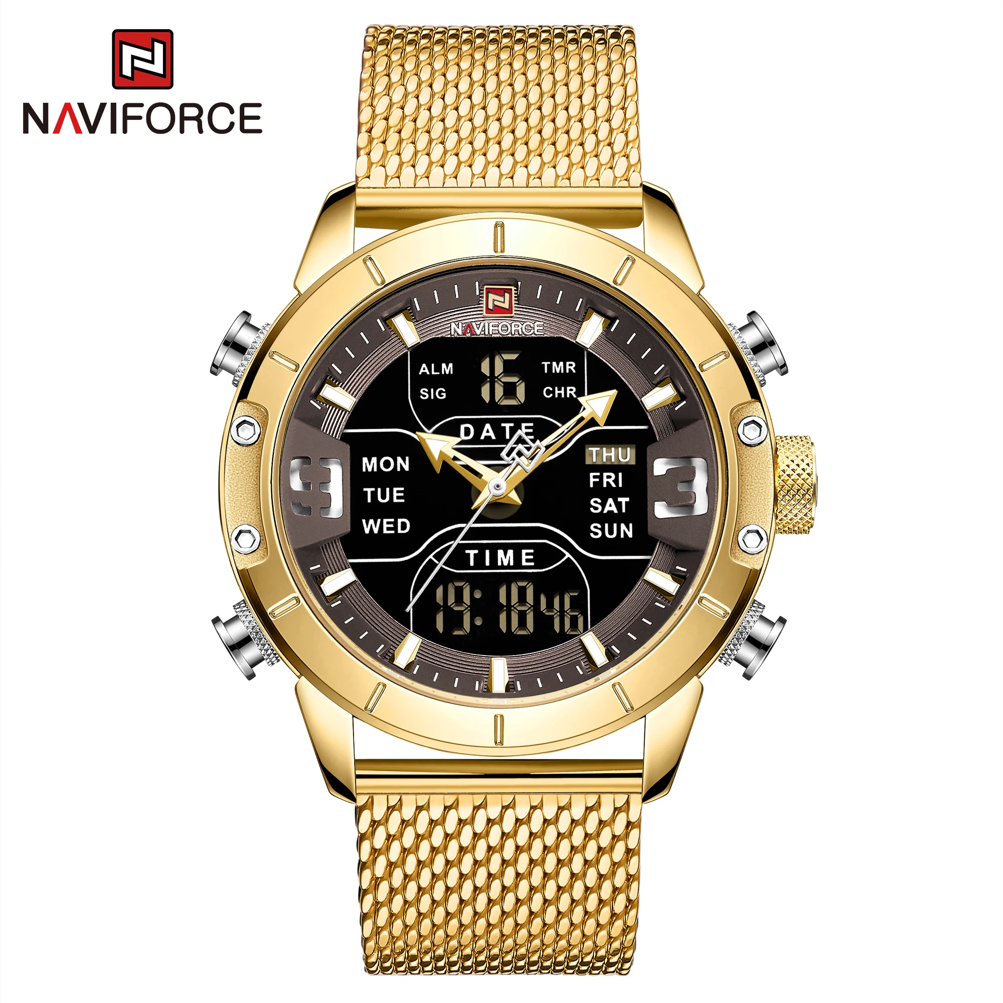 NAVIFORCE Luxury Watches Mens Military Sport Waterproof Luminous Dual Time Led Digital Stainless Steel Watches Relogio Masculino