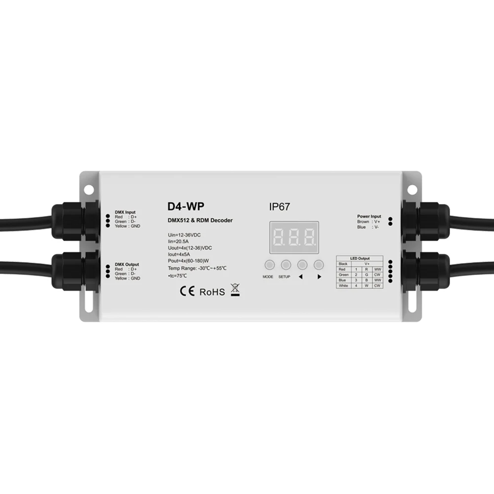 IP67 водонепроницаемый DC5 ~ 36В 5A 4CH ШИМ постоянное напряжение контроллер dmx DMX512