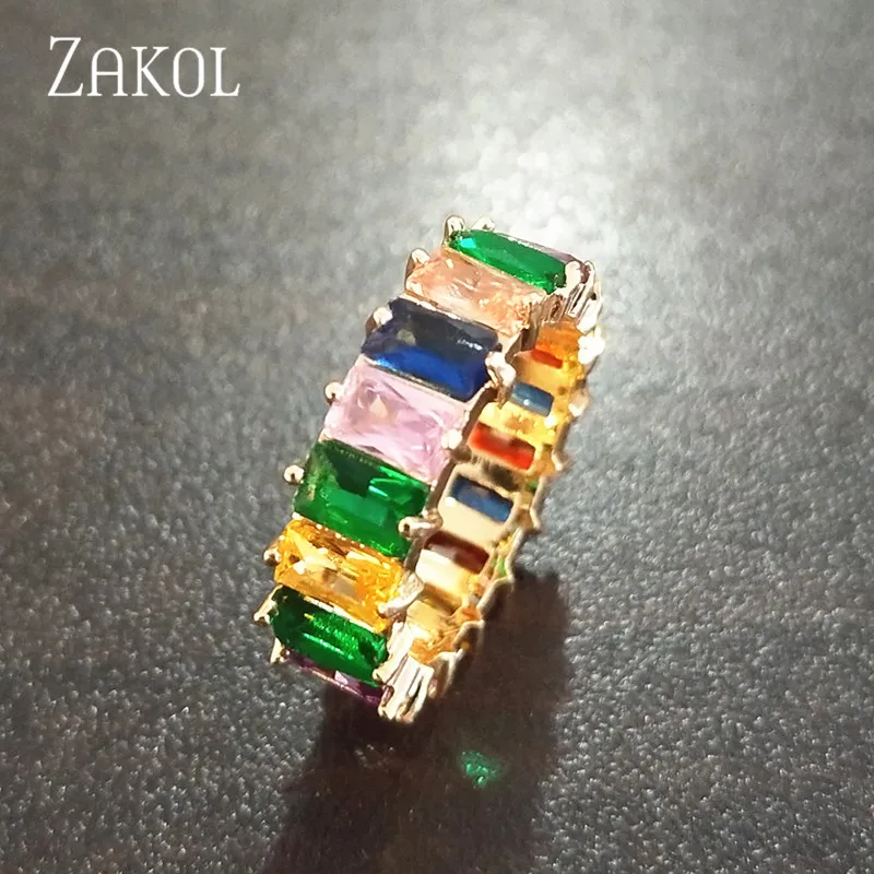 ZAKOL модная Роскошная разноцветная подвеска AAA багет Кубический Цирконий обручальные кольца для женщин Т-образный камень вечерние ювелирные изделия FSRP252 - Цвет основного камня: Multicolor Gold B