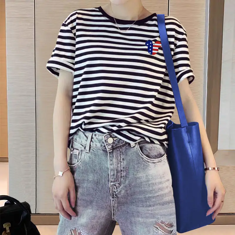 

Disney Summer Trendy Korean Style Printed Striped Top Women's Cartoon Mickey Series Pure Cotton Loose Short Sleeve T-shirt