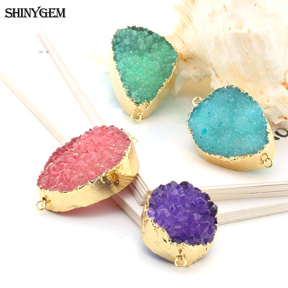 

ShinyGem Natural Druzy Crystal Stone Pendant Connector Irregular Gold Plating Chakra Bangles For Women DIY Jewelry Making