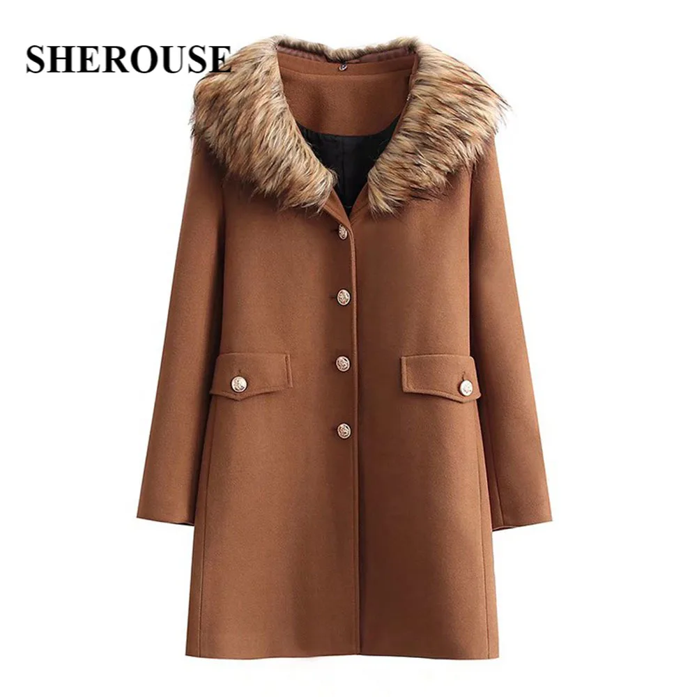 

Sherouse Women Fashion Fitted Long Coat with Faux Fur Collar Single Breasted Long Sleeves Vintage Woman Winter Outwear Jacket