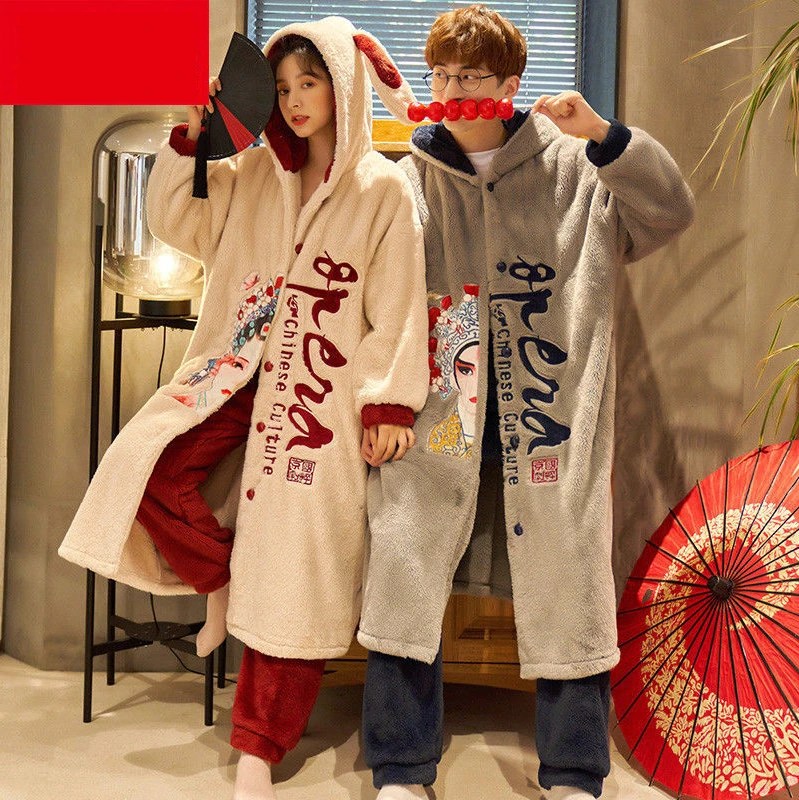 Couple Pajamas Autumn and Winter Models Coral Fleece Winter Thickening Padded Men and Women Winter Facecloth Long Sleep Robe