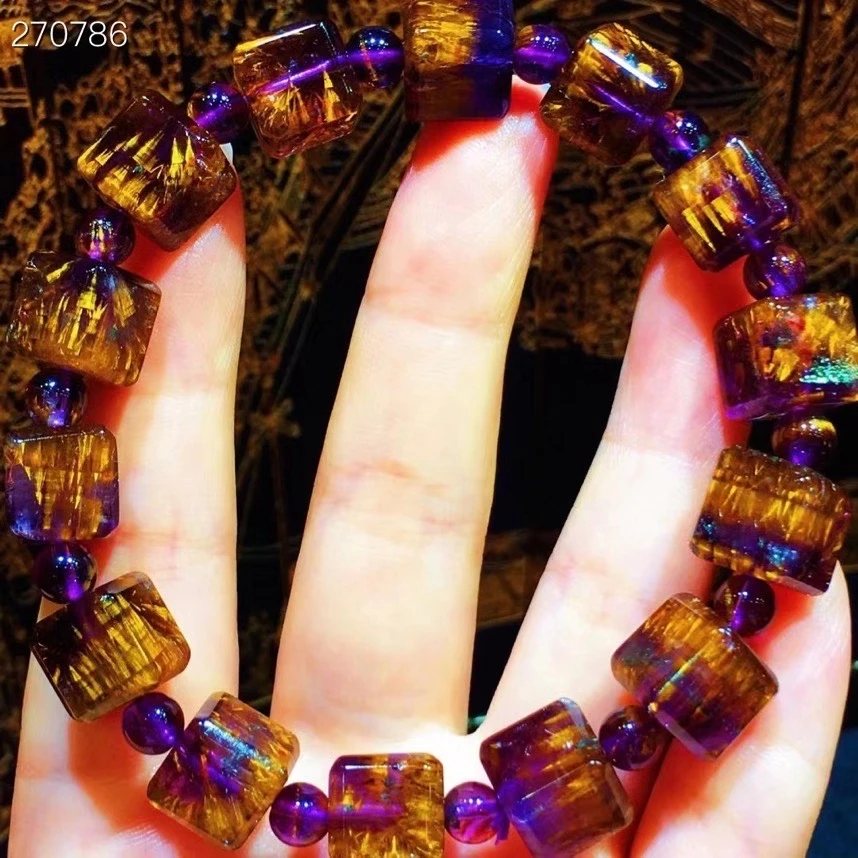 

Natural Cacoxenite Auralite 23 Purple Rutilated Quartz Bracelet 10.2mm Cube Clear Round Beads Bangle Women Men AAAAAA