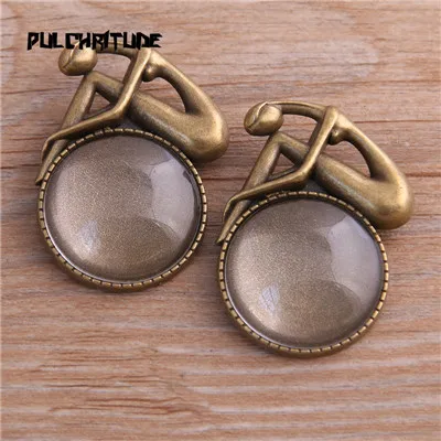bronze glass PULCHRITUDE 2pcs 25mm Inner Size Antique Bronze Round Punk Toothed Brooch Cabochon Base Setting Charms Pendant - Цвет: bronze glass