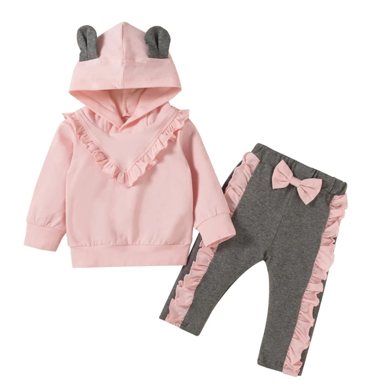

Autumn Cute Baby Girls Clothing Set Instagramable Fashion Stitching Hooded Sweater + Trousers 0-24M