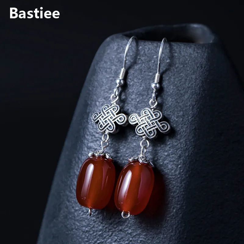

Bastiee Vintage Red Green Agate Drop Earrings 925 Sterling Silver Jewelry For Women Earings Chinese Knot Handmade Jewellery