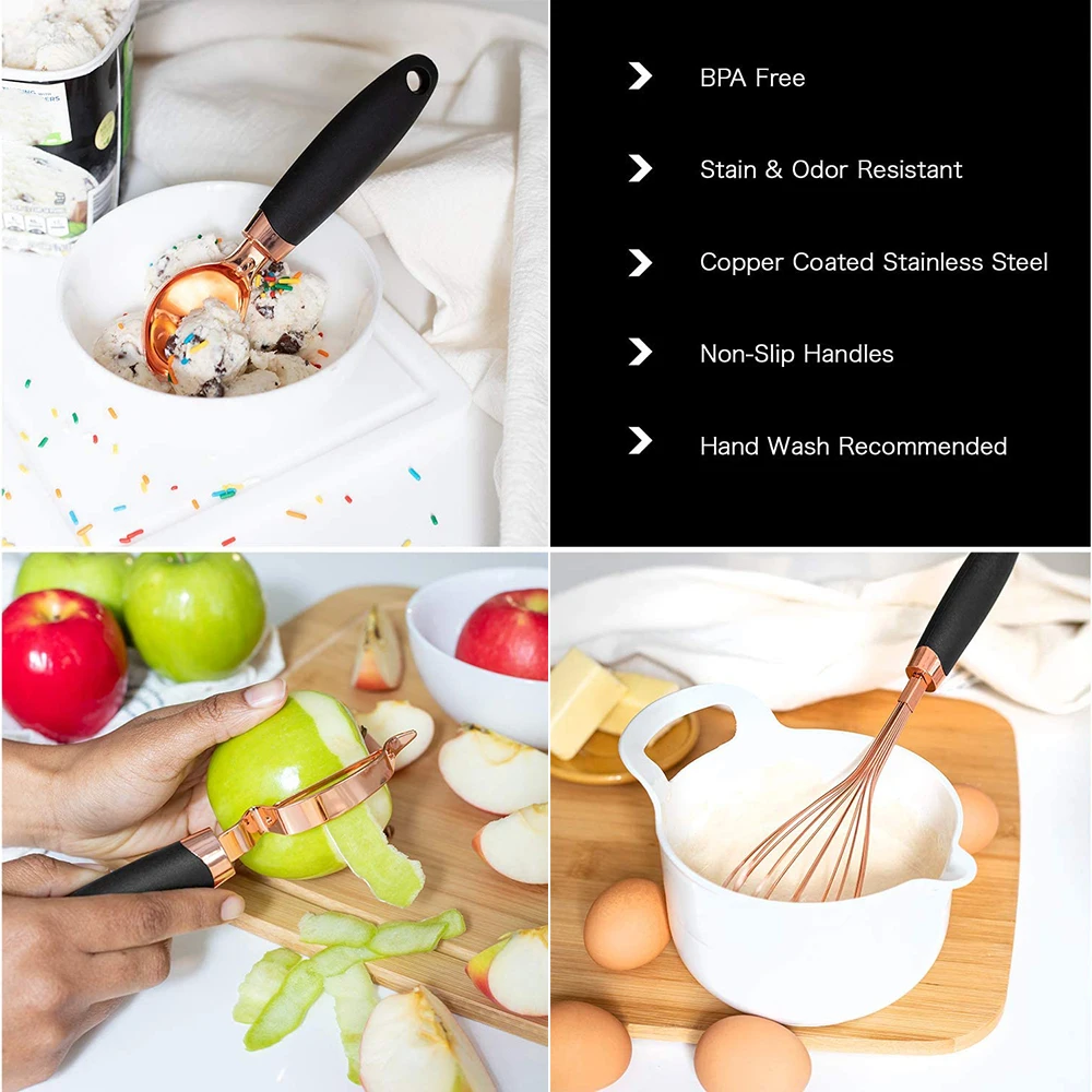 

7 Pc Kitchen Gadget Set Copper Coated Stainless Steel Utensils With Soft Contact Black Handles Kitchen Gadget Set Household Tool