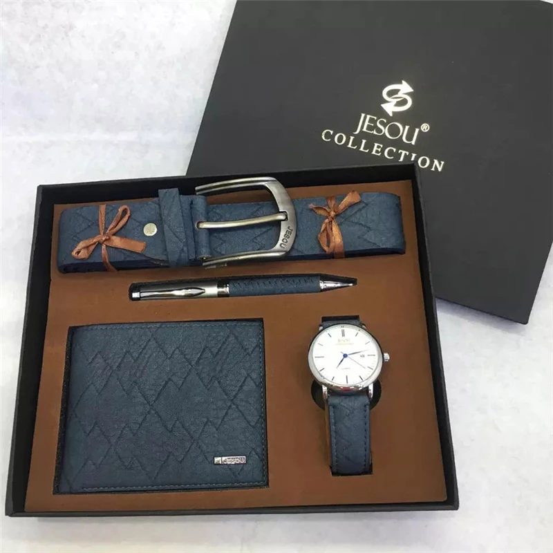 

4pcs/set boutique gift set wallet+belt+big dial quartz watch+pen wrist watch