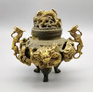 China bronze archaize nine dragon Incense burner crafts statue