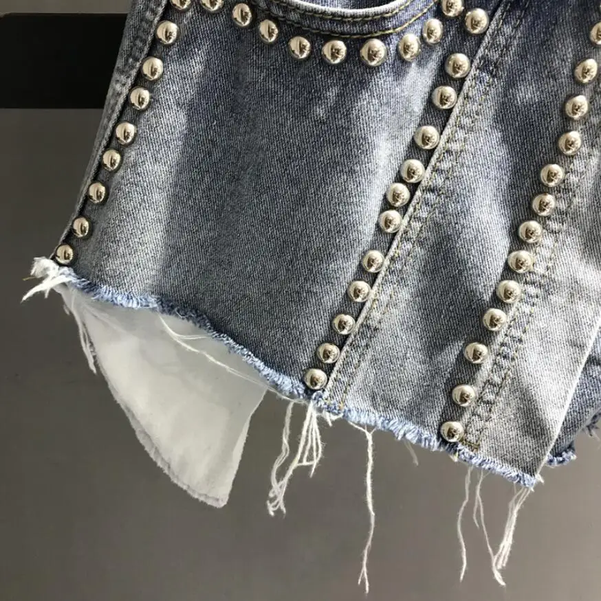 

2020 Spring Summer Women Personality Fake Two Pieces Jeans Shorts Skirts Double Waist Rivet Denim Skirts with Pockets r98