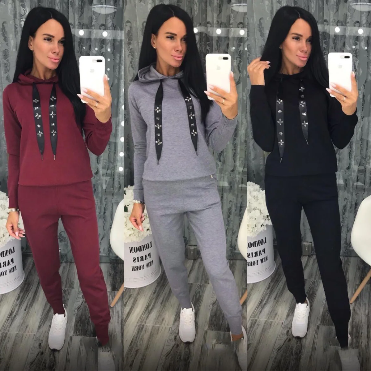 

Donsignet Fashion Women's Suit Spring Casual Hooded Collar Pullover Solid Color Regular Trousers Two-piece Suit Elastic Waist