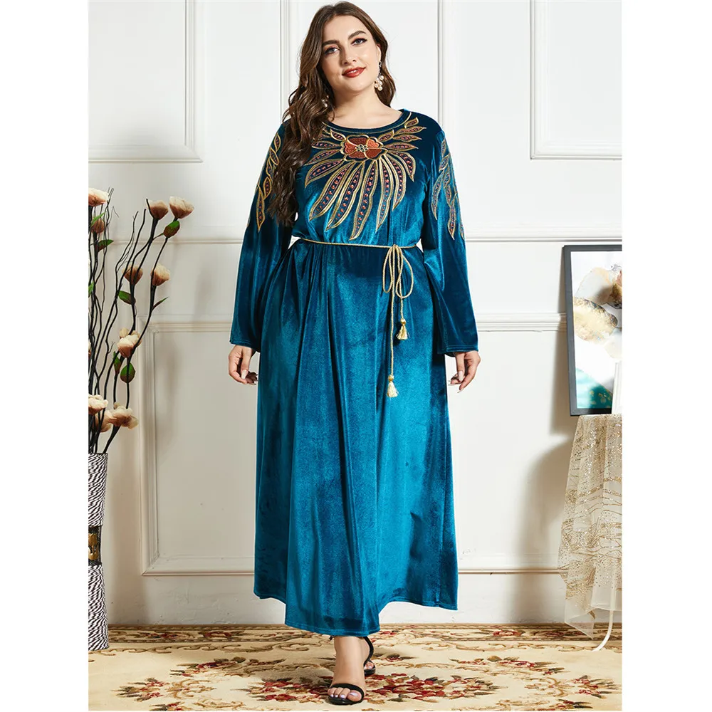 Женский бархатный кафтан, свободный, с вышивкой, в дубайском стиле, теплая Арабская одежда, мусульманское платье Макси