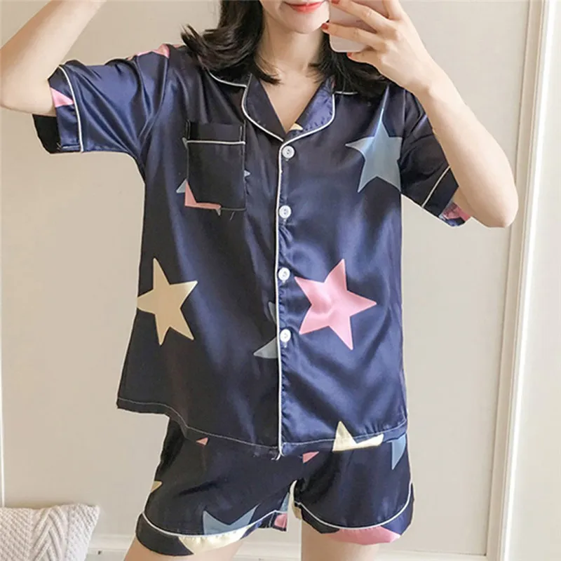 Navy Повседневные новые женские свободные пижамы, комплекты, летние рубашки с коротким рукавом в горошек+ штаны, одежда для сна, женская домашняя пижама, Халат - Цвет: Navy