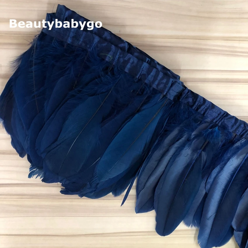 Factory cheap sales 10 yard navy blue Dyed natural real goose duck feather trims fringe 13-18cm 5-6inch width for cloth sewing