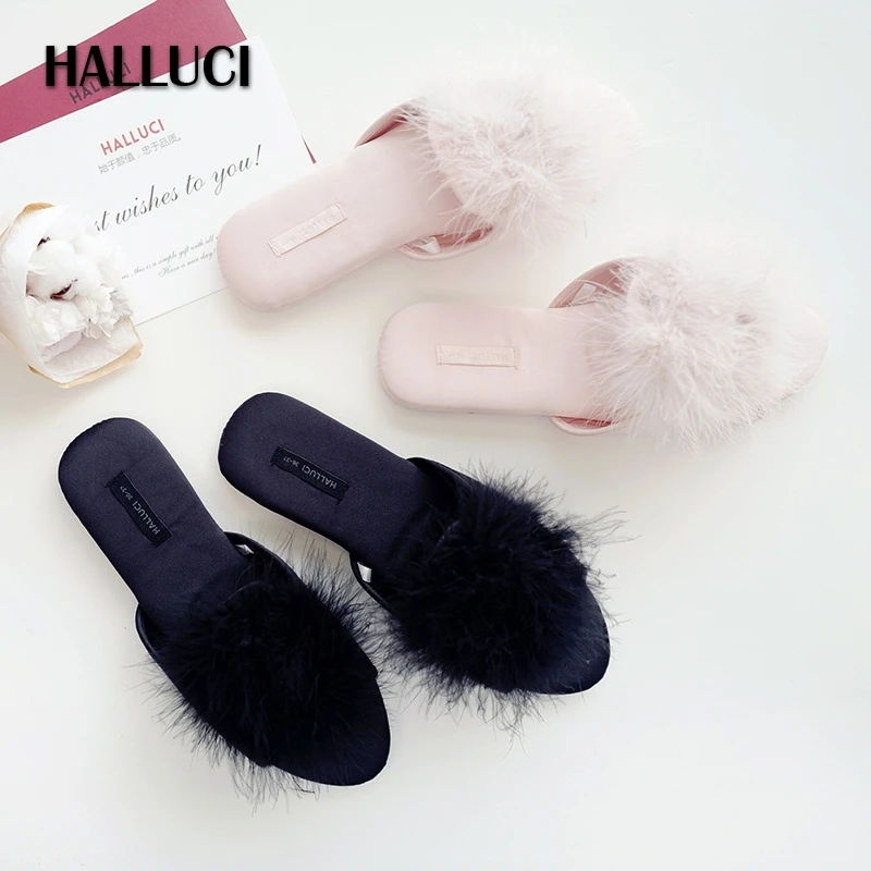 

GKTINOO Japanese Peep-toe fur slippers shoes for women classic sweet Slippers ladies Bedroom non-slip wood floor slides shoes