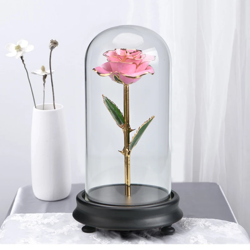 Реалистичная розовая в стеклянном куполе из 24 каратного золота искусственный