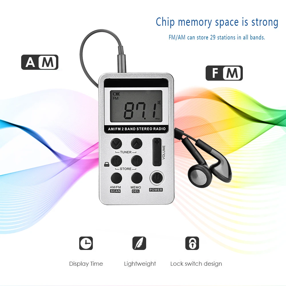 Карманное радио AM FM с ЖК дисплеем портативное цифровое мини стерео со шнурком для