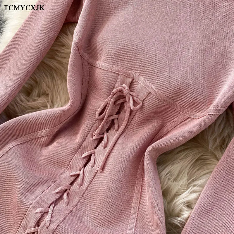 

Spring 2021 Knitted Women's Dress New Design Sense Lace-up Slim-Fit Bag Hip Long-sleeved Vintage Sexy Dress Women Vestidos
