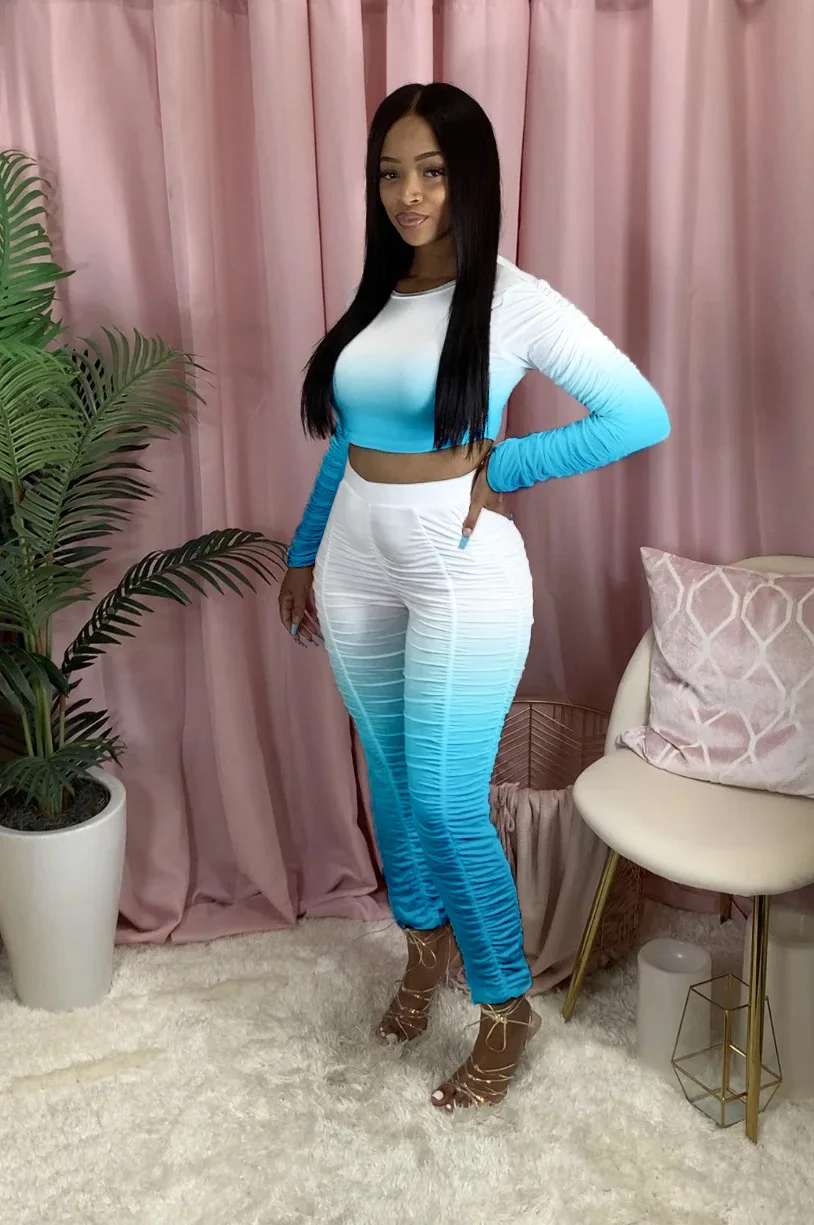 

Women Sports Suit Two Pieces Set Long Sleeve Crop Top Pleated Pants 2 Pieces Set Pleated SleeveTracksuit Print Outdoor Wear