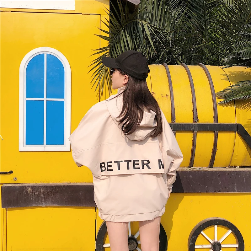 Куртка женская весна и осень Корейская версия оснастки Harajuku Свободная куртка Студенческая с капюшоном порт ветер бейсбол одежда