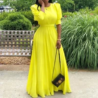 elegant office lady work wear solid yellow tunic high waisted retro puff sleeve women 2021 long robe plus size maxi summer dress