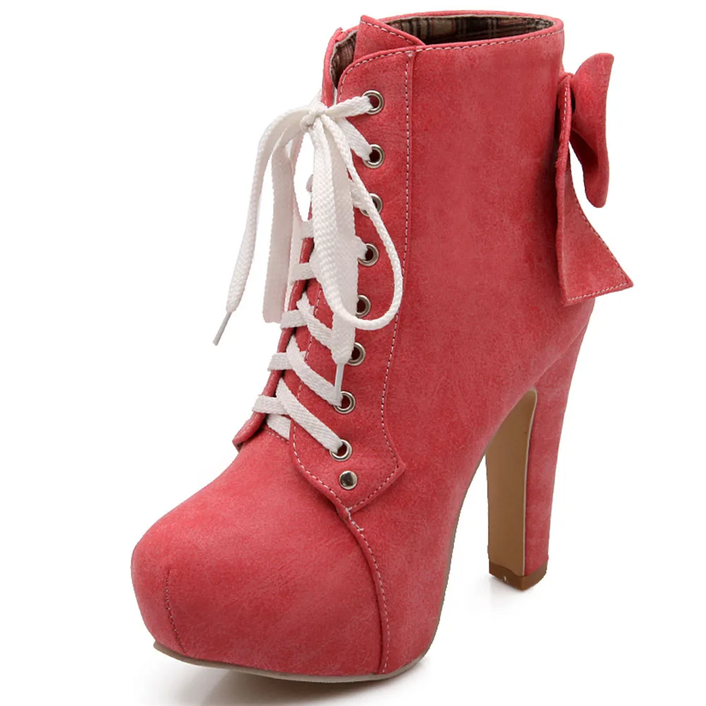 

RIBETRINI Big Size 31-43 New Women Lcae Up High Heels Shoes Women Fashion Bowtie Platform Ankle Boots 2020 Party Boots