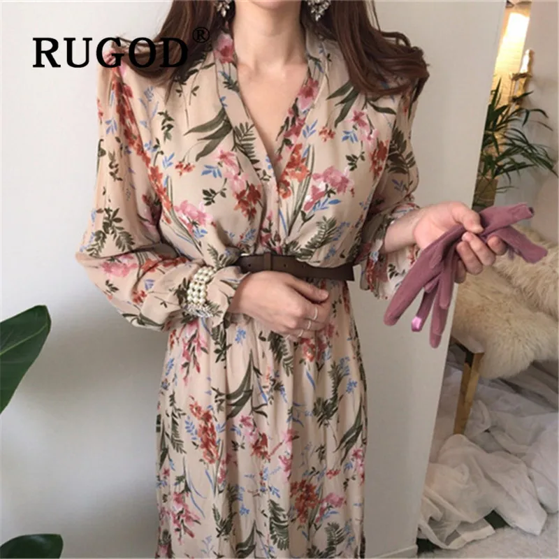 RUGOD Spring Boho Chic Retro Chiffon Korean Floral Maxi Dress Women Elegant Sweet Tops Casual Ladies Dresses Woman Party Night | Женская