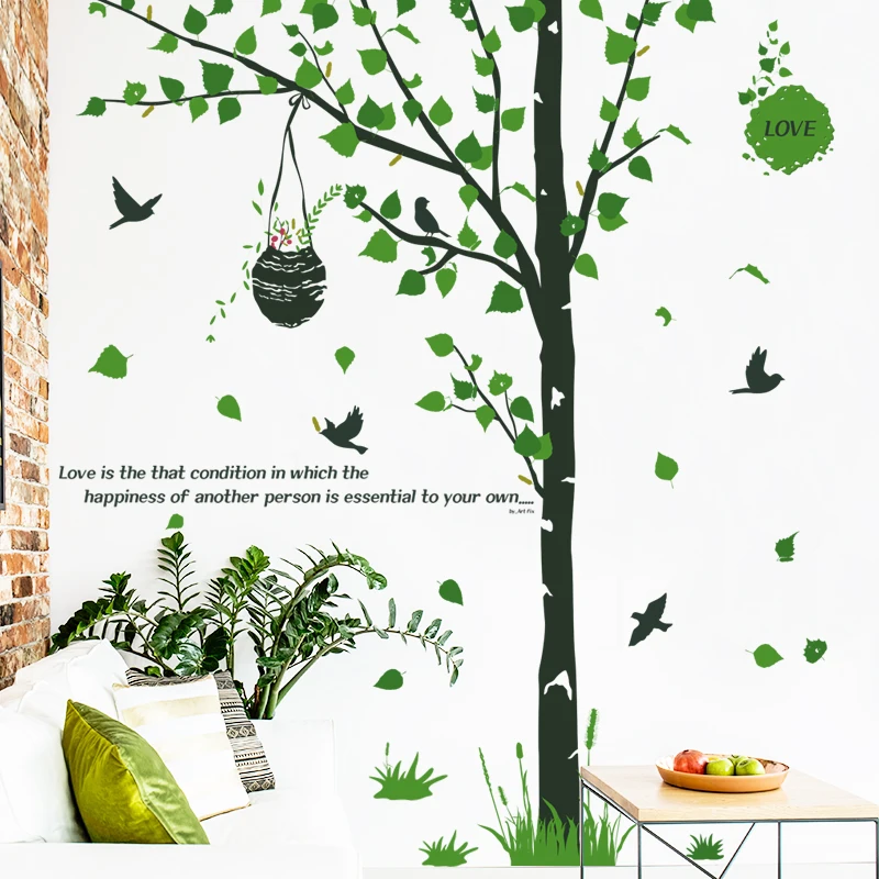 Большой 267*218 см зеленые листья Дерево Птица Наклейка на стену Съемная