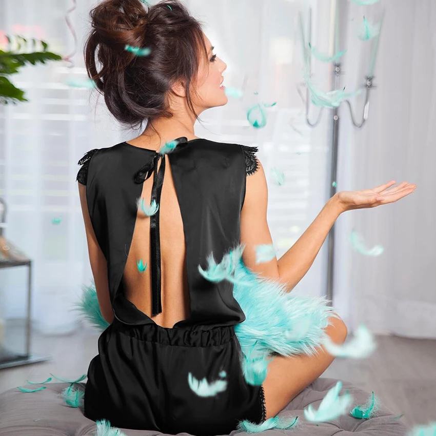 Черная кружевная Пижама HiLoc Женский пикантный комбинезон сатиновая с открытой