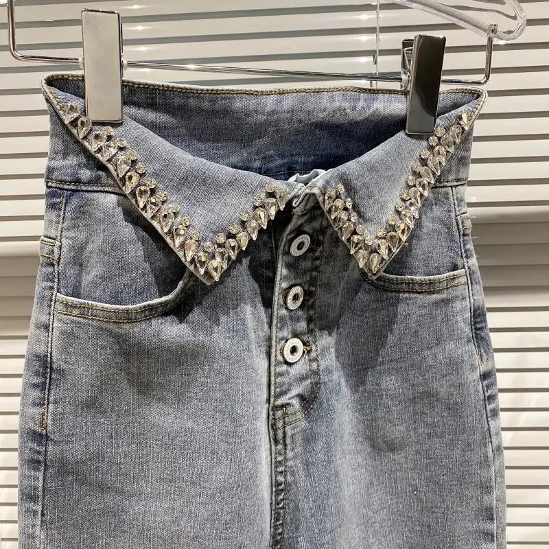 

2021 Spring Autumn New Trousers Large Particle Drop-Shaped Diamond Cuffs Button High-Waist Stretch Slim Denim Jeans Pencil Pants
