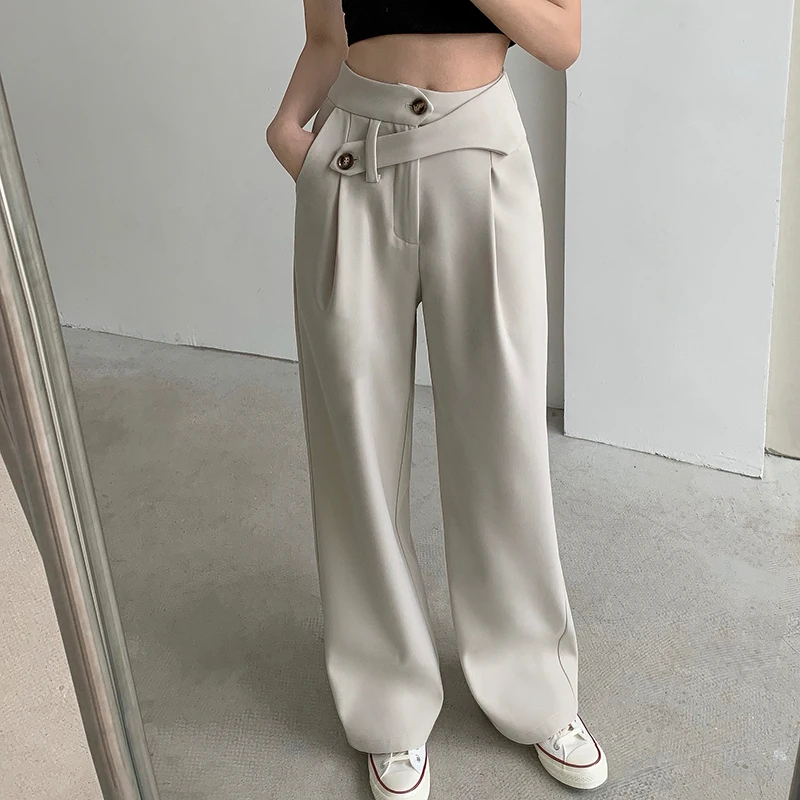 

Women Office Lady Straight Hot 2021 New Size S-L OL Minimalist High Waist Wide Leg Work Wear Pants Solid Trousers