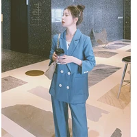 vintage double breasted blazer jackets wide leg pants new spring fashion women blue blazer suits casual office lady suits formal