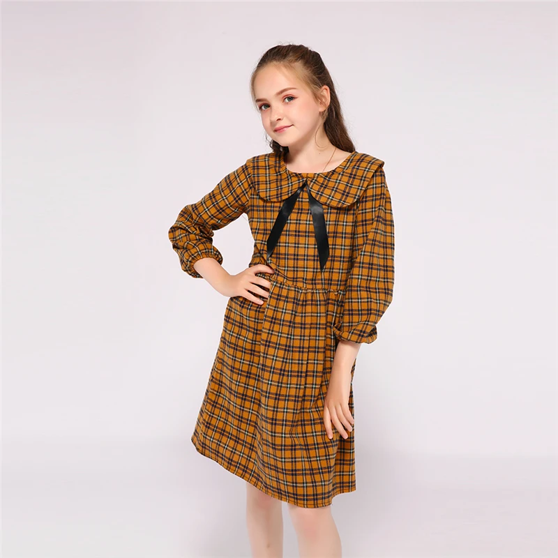 Kseniya Kids Wholesale Peter Pan Collar Bow Plaid Girl Dress Long Sleeve For 2 to 9 Years