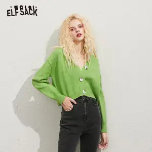 ELFSACK Радужная сплошная шикарная пуговица вязаный Повседневный Кардиган женские свитера, 2020 осень чистый длинный рукав Корейская женская, топы на каждый день