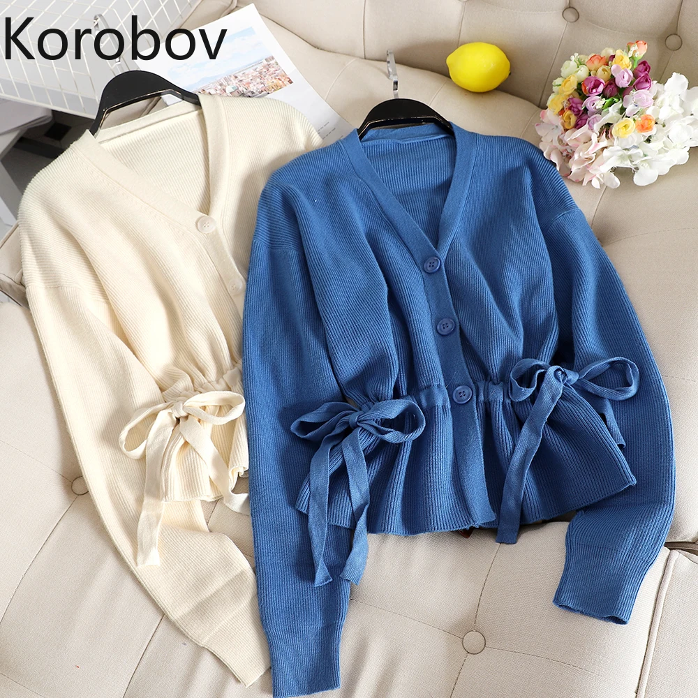 Korobov/корейские однотонные женские кардиганы с завязками и бантом, милые однобортные кардиганы с длинными рукавами и v-образным вырезом, Вязаный топ из органической кожи 78863