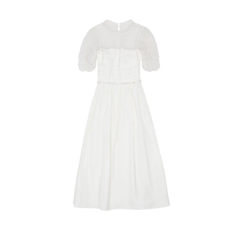 

DEAT 2021 New Autumn Winter And Summer Fashion Casual Stand Collar Medium Sleeve Off White Dress Long Belt Loose SH500