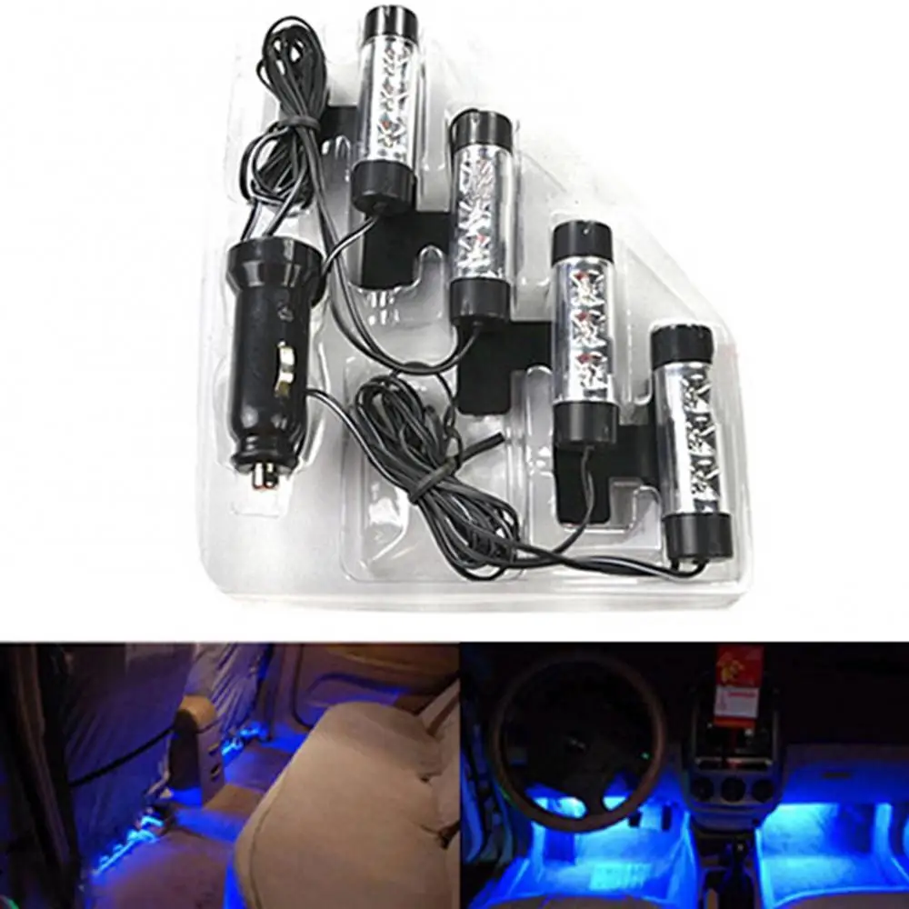 

4 x 3LEDs 4 in 1 Light Strips Car Charge 12V Blue Interior Decorative Atmospheres Light Lamp Decor