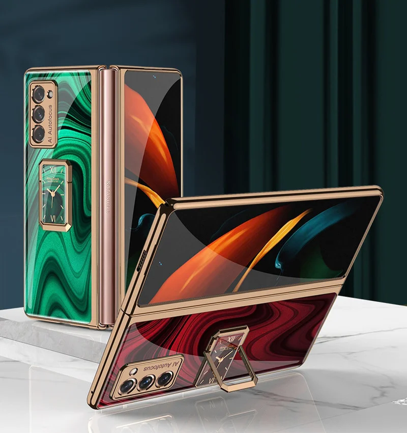 

Luxury Marble Plating Glass Case For Samsung Galaxy Z Fold 2 W21 5G Fashion Watch Ring Holder All-inclusive Protection Cover