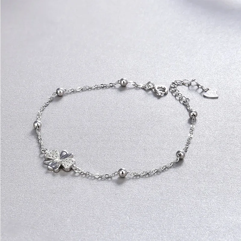 

FUN-BEAUTY S925 Sterling Silver Inlaid Zircon Small Fresh Four Leaf Clover Bracelet Lucky Flower Fashion Accessory