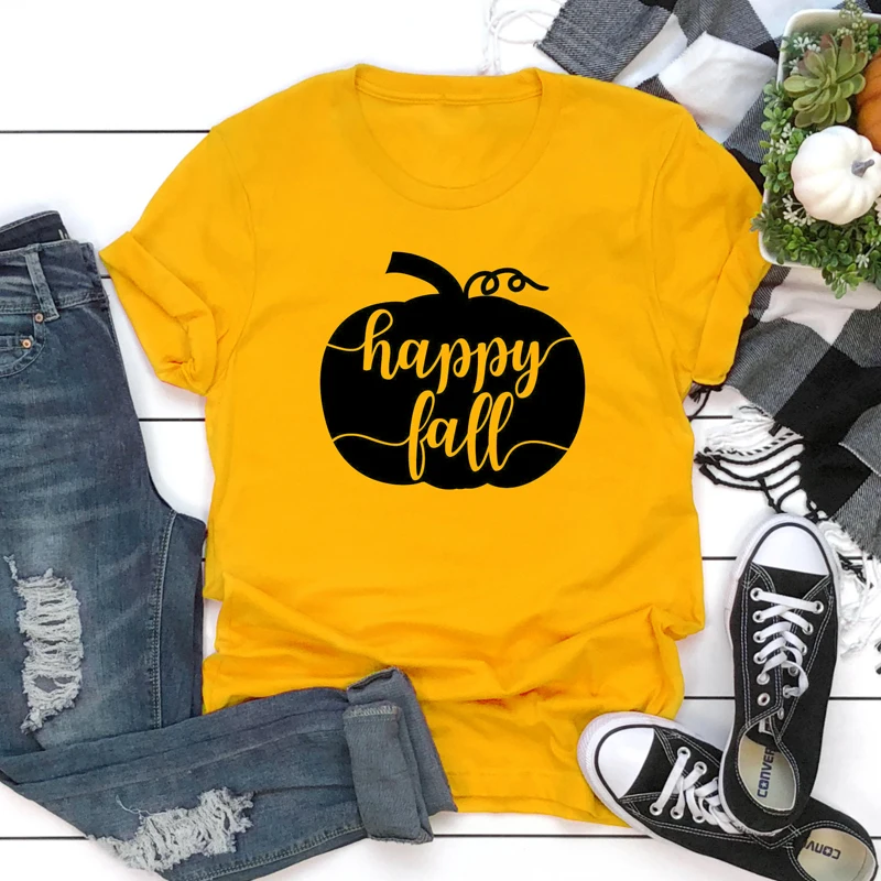 Happy Fall Pumpkin Print T-shirt Women O-Neck Graphic Funny Tees Tops Stylish Tumblr Autumn Harvest Thanksgiving T Shirt | Женская