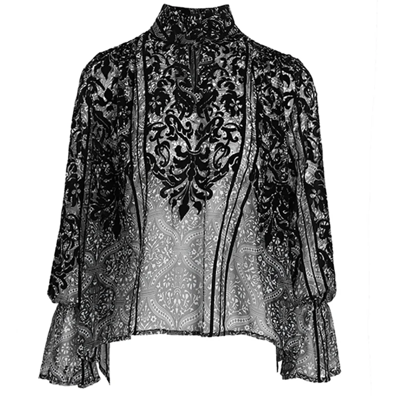 

XUXI 2020 Women Spring New Shirt Fashion Women's loose-fitting thin floral flocking blouse vintage chemise femme Shirt FZ1063