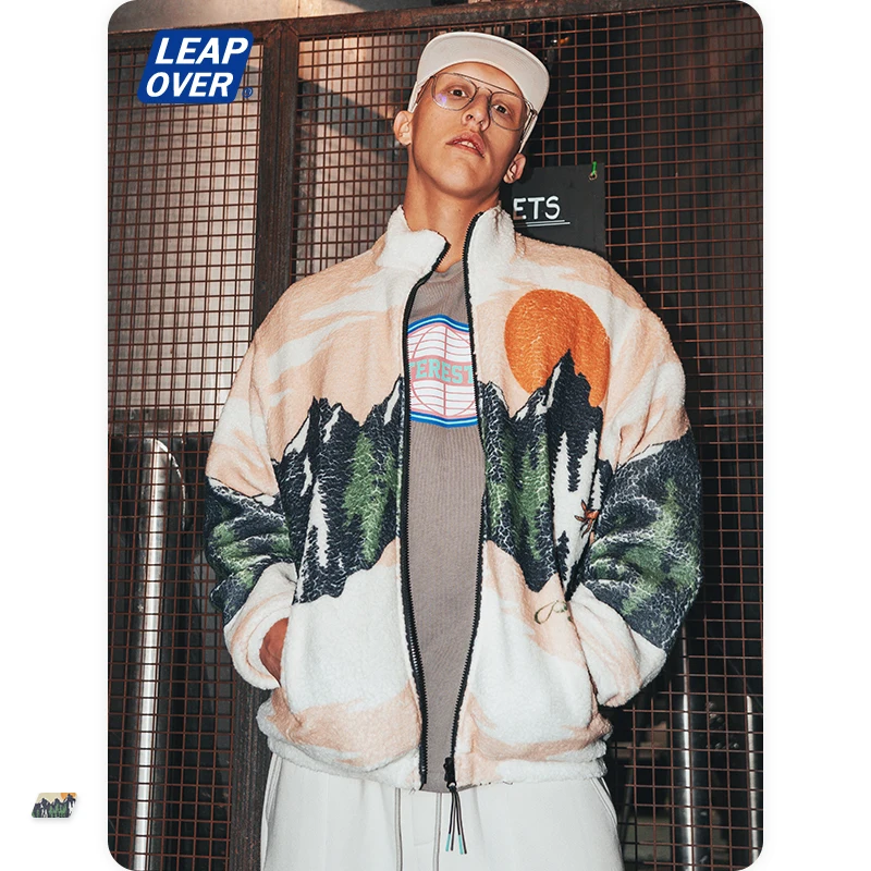

Oversized Mens Zip Polar Fleece Jacket Winter Thick Mens Urban Streetwear Fashion print Coat Loose Fit Outwear Wear both sides