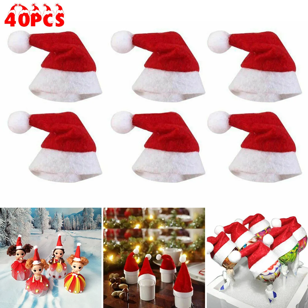 

40pcs Christmas Mini Hat Lollipop Lollypop Santa Claus Cap Wrap Xmas Party Decor Non-woven Fabric Exquisite Christmas Gift