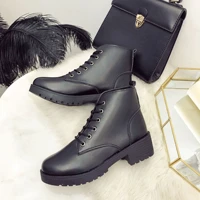 2022 new black pu leather ankle boots women winter fashion casual boots round toe lace up motorcycle platform boots botas mujer