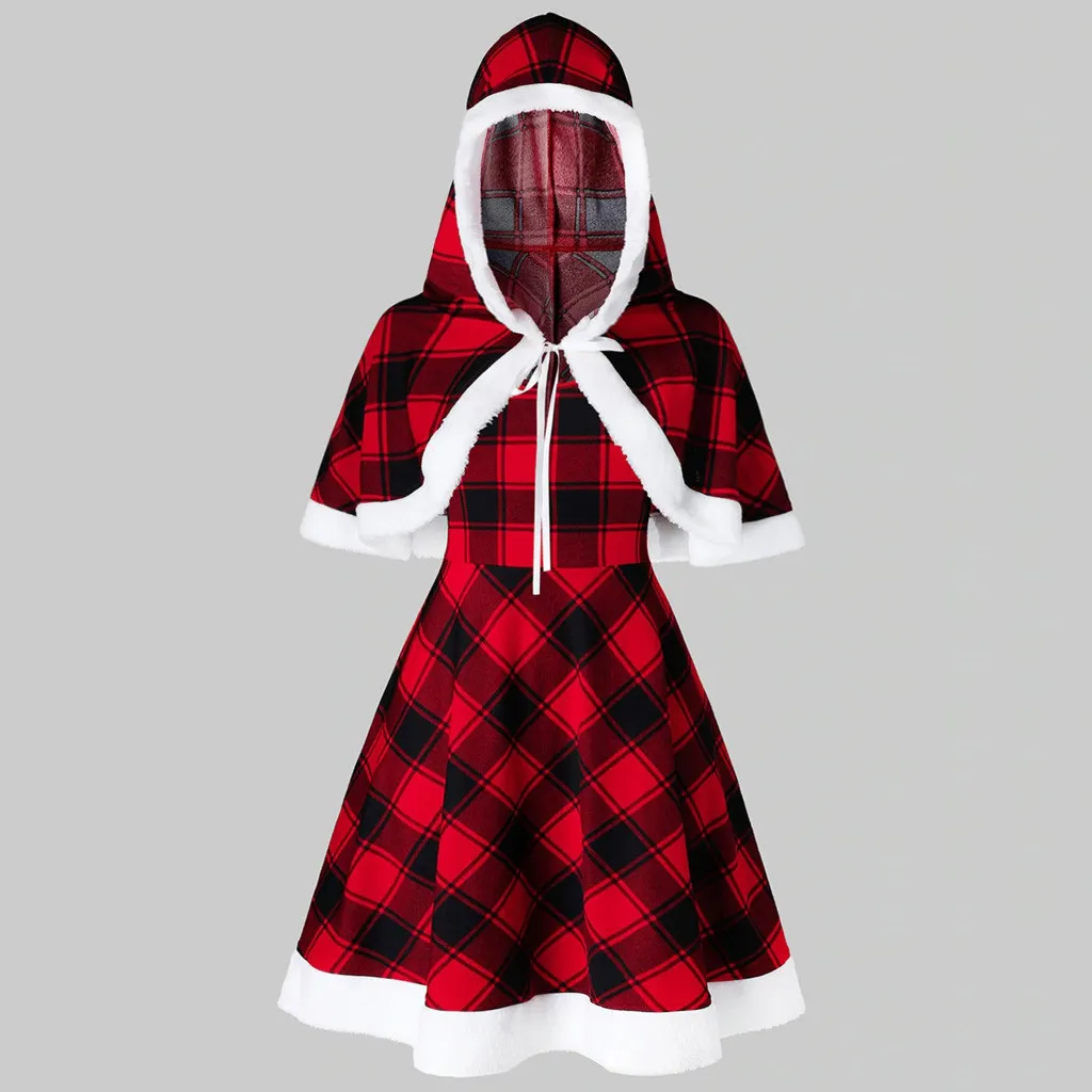 2019 рождественское платье размера плюс женское клетчатое с капюшоном и рукавами