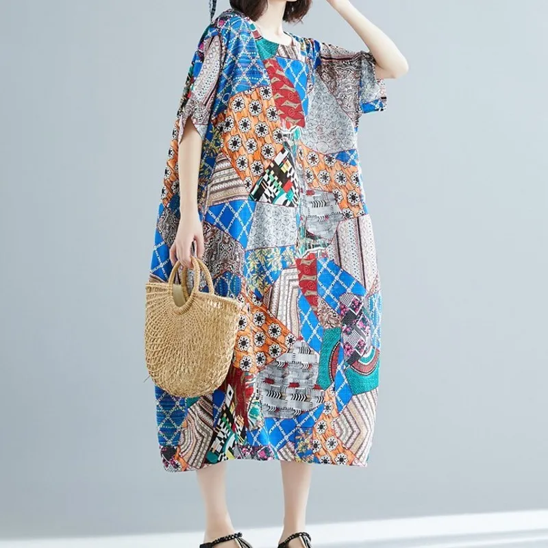 Винтажные народные женские летние длинные платья с принтом пуловер круглым