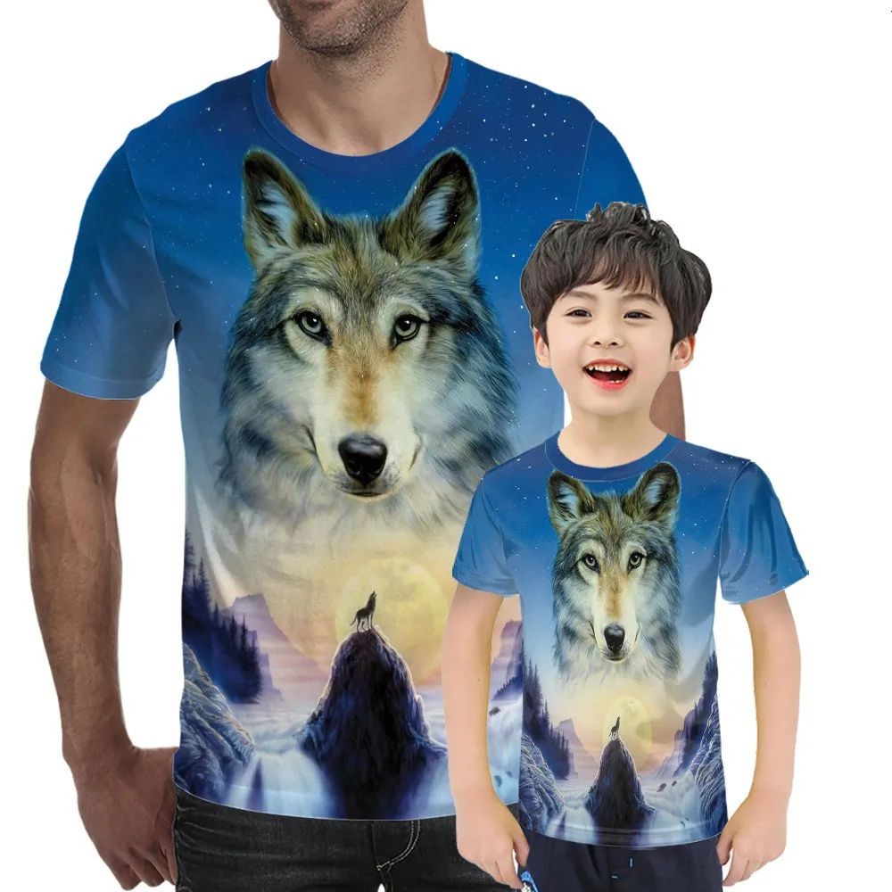 

2021 spring and summer T-shirt men's streetwear round neck T-shirt tops funny animal casual men's wolf 3D printing blue T-shirt