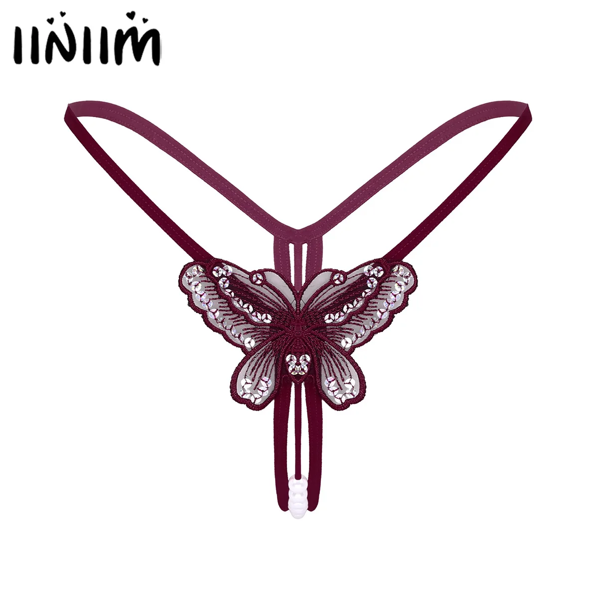 

Womens Ladies Sequins Butterfly Embroidered Artificial Pearl T-back Crotchless Lingerie Panties String Homme Thongs Underwear